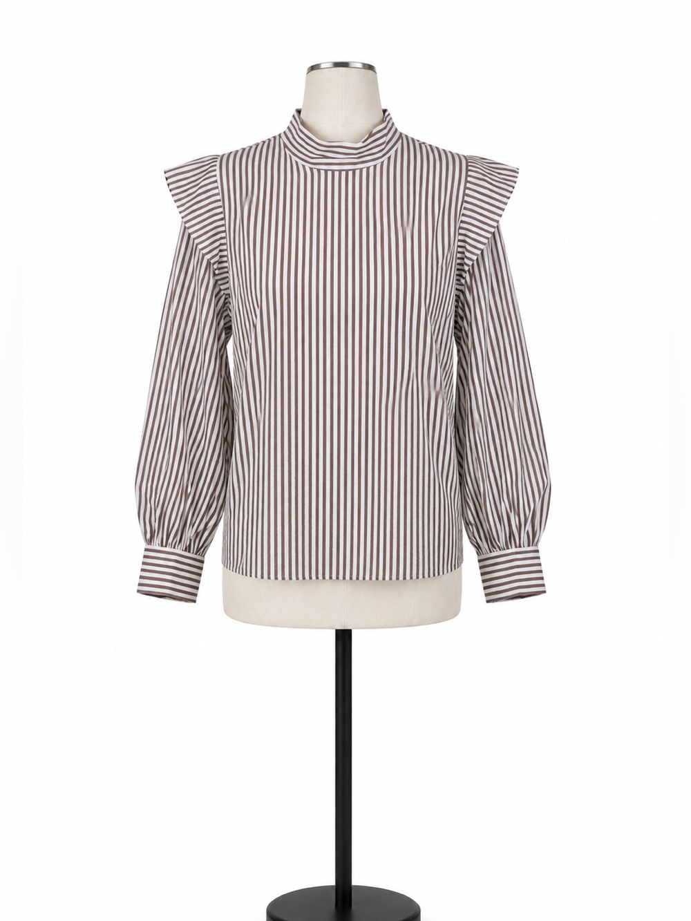Everlane Women’s Size 12 Brown and White Striped Cotton Blouse with Ruffle Detai